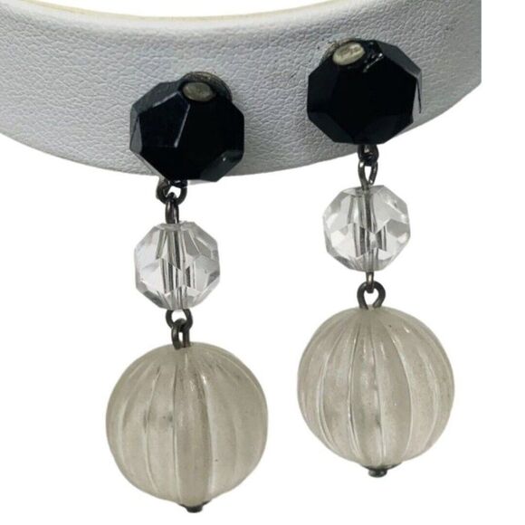 Vintage Germany Spherical Black/Clear Drop Beaded Clip On Dangle Earrings - Picture 3 of 6